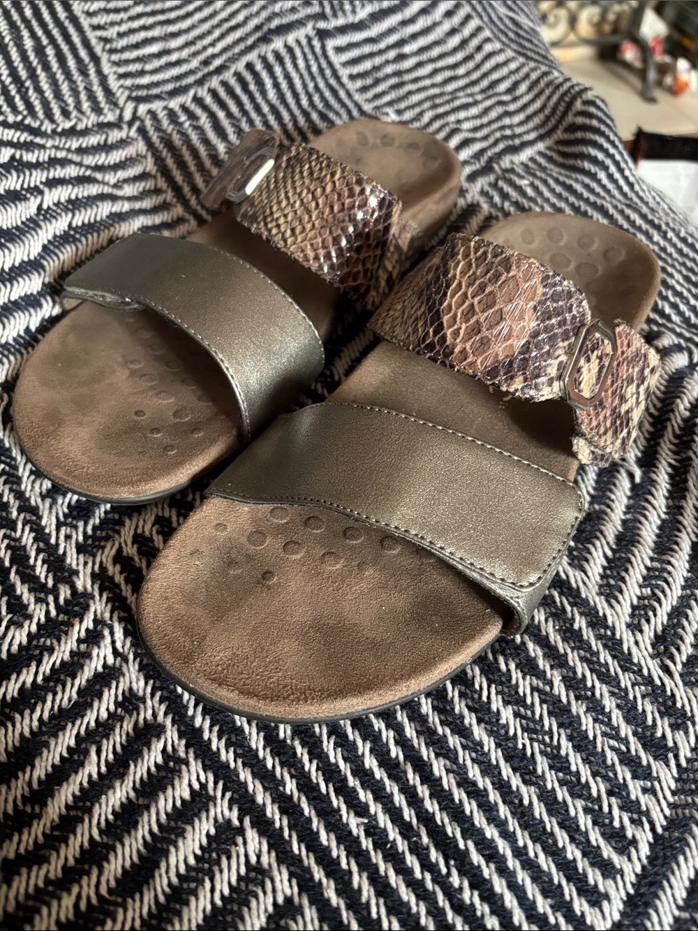 Vionic metallic and Snakeskin Two-Strap Slide Sandals